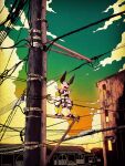  antennae arm_blade arms_at_sides building claw_(weapon) cloud commentary_request green_sky highres house humanoid_robot mecha medarot multicolored_sky no_humans orange_sky outdoors power_lines red_eyes robot rokusho_(medarot) sky solo standing ten_(prop03) utility_pole weapon 