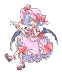  1girl bat_wings blue_hair bow brown_footwear cup dress hand_on_own_cheek hand_on_own_face highres holding holding_cup light_blue_hair pink_dress pink_headwear primsla red_bow red_eyes remilia_scarlet socks solo teacup touhou white_background white_socks wings 