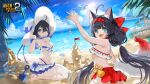  2girls :d absurdres ahoge animal_ear_fluff animal_ears arm_up bare_shoulders beach_mat beach_umbrella benghuai_xueyuan bikini black_hair blue_eyes blue_hair blue_sky boat bow breasts chair cleavage cloud cloudy_sky drinking_straw fang fox_ears fox_girl fox_tail frilled_bikini frills glass hat headband highres honkai_(series) ice ice_cube innertube juice long_hair looking_at_viewer multiple_girls navel open_mouth outdoors red_bikini red_bow sand sand_castle sand_sculpture seiza shovel sitting skin_fang sky smile soles stomach summer sun_hat surfboard swimsuit table tail tattoo toes twintails umbrella very_long_hair water watercraft white_bikink white_headwear 