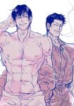  2boys abs black_hair cowboy_shot fushiguro_touji highres jujutsu_kaisen large_pectorals looking_at_another male_focus mature_male monochrome multiple_boys muscular muscular_male mustache_stubble navel nipples pants pectorals scar scar_on_face scar_on_mouth seductive_smile shiu_kong short_hair sketch smile spirit stomach thick_eyebrows topless_male yngwh 