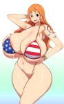  1girl arm_tattoo armpits bikini breasts chamchami highres huge_breasts long_hair nami_(one_piece) navel one_piece orange_hair smile solo stomach swimsuit tattoo teeth thighs wide_hips 