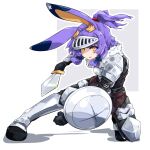  1girl :o animal_ear_fluff animal_ears armor commentary_request cosplay gloves goblin_slayer goblin_slayer! goblin_slayer_(cosplay) grey_background highres holding holding_shield holding_sword holding_weapon hoshikawa_tefu_(vtuber) kneeling kuusou_code_plus looking_at_viewer ponytail purple_hair rabbit_ears rabbit_girl shield solo sword totomono two-tone_background virtual_youtuber weapon white_background yellow_eyes 