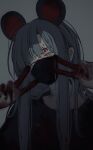  1girl 8rk9 absurdres animal_ears bandaged_neck bandages black_mask black_shirt blood blood_on_clothes blood_on_face blood_on_hands closed_eyes commentary dark double_v facing_viewer fake_animal_ears grey_background grey_hair hands_up highres long_bangs long_hair long_sleeves mask mouse_ears mouth_mask original shirt sidelocks simple_background solo straight_hair upper_body v 