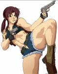  1girl aiming beretta_92 black_lagoon black_sports_bra blue_shorts breasts brown_eyes brown_hair cigarette commentary corrupted_twitter_file english_commentary fighting_stance gun handgun holding holding_gun holding_weapon midriff navel open_fly ponytail revy_(black_lagoon) short_shorts shorts shoulder_tattoo sidelocks small_breasts smoke smoking solo sports_bra standing standing_on_one_leg tattoo thick_thighs thighs torn_clothes torn_shorts weapon yoracrab 