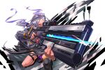  1girl aiming aiming_at_viewer arknights black_gloves black_thighhighs commentary dark-skinned_female dark_skin energy_gun facial_mark fingerless_gloves forehead_mark gloves grey_hair grey_jacket gun highres jacket long_hair melanite_(arknights) metallightheart parted_bangs simple_background single_glove single_thighhigh solo squatting thigh_strap thighhighs weapon white_background 