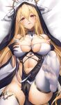  1girl azur_lane bed_sheet black_gloves blonde_hair breasts commission dakimakura_(medium) gloves grabbing_own_breast highres implacable_(azur_lane) large_breasts long_hair looking_at_viewer lying on_back red_eyes solo thighhighs white_thighhighs xfate 