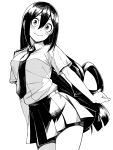  1girl :&gt; absurdres asui_tsuyu blush boku_no_hero_academia closed_mouth collared_shirt contrapposto cowboy_shot greyscale hair_between_eyes hair_rings head_tilt highres kobaji long_hair looking_at_viewer monochrome necktie pleated_skirt school_uniform shirt shirt_tucked_in short_sleeves simple_background skirt solo u.a._school_uniform very_long_hair 