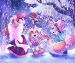  1boy 2girls backpack bag bow chao_(sonic) cheese_(sonic) cream_the_rabbit dress gloves goggles goggles_on_head highres multiple_girls open_mouth snow sonic_(series) tails_(sonic) vanilla_the_rabbit white_gloves y-firestar 