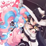  2girls :d arm_tattoo bare_shoulders black_choker black_gloves black_hair blue_eyes blue_hair blue_skirt blush bow choker colored_eyelashes curly_hair dark_miku_(project_voltage) dress earrings fairy_miku_(project_voltage) fingernails flower frown gloves hair_between_eyes hair_flower hair_ornament hat hat_bow hatsune_miku heart highres holding holding_umbrella jewelry long_fingernails long_hair looking_at_another looking_to_the_side luxury_ball microphone multicolored_eyes multicolored_hair multiple_girls musical_note pink_eyes pink_hair pink_nails pink_sweater plaid plaid_skirt poke_ball pokemon project_voltage red_eyes skirt smile sweatdrop sweater tattoo ttrtag twintails umbrella very_long_hair vocaloid yuri 