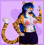  anthro balls big_breasts blue_hair bottomwear breasts bulge claws clothed clothing deluxl felid feline fur genitals hair herm hi_res intersex looking_at_viewer mammal nipples orange_body orange_fur pantherine penis simple_background smile solo stripes tail tiger white_body white_fur 