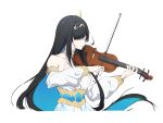  1girl black_hair blue_hair bow_(music) cdlo closed_eyes colored_inner_hair detached_sleeves dress forehead_jewel holding holding_bow_(music) holding_instrument instrument long_sleeves multicolored_hair music playing_instrument punishing:_gray_raven selena_(punishing:_gray_raven) sidelocks violin white_background white_dress 