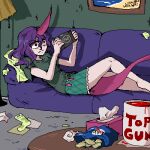  1girl annoyed barefoot clothes_writing couch green_shirt green_shorts handheld_game_console horns kinoglossia living_room lowres on_couch playstation_portable purple_hair red_eyes shirt short_sleeves shorts single_horn solo tail tenkajin_chiyari touhou unfinished_dream_of_all_living_ghost 
