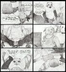  adam_(rosycoyote) age_difference andromorph bedroom canid canine canis clothing comic_panel coyote cunnilingus dialogue duo eye_scar facial_scar genitals hands_on_legs hi_res inside intersex intersex/male male male/male mammal older_male oral pussy raccoon_dog rob_(rosycoyote) rosycoyote scar sex size_difference torn_clothing vaginal 