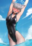 1girl absurdres animal_ear_fluff animal_ears armpits arms_up black_one-piece_swimsuit blue_archive blue_eyes blue_sky breasts cloud competition_swimsuit covered_navel cowboy_shot cross_hair_ornament extra_ears grey_hair hair_ornament halo highleg highleg_swimsuit highres looking_at_viewer low_ponytail medium_hair mismatched_pupils multicolored_clothes multicolored_swimsuit official_alternate_costume one-piece_swimsuit one_eye_closed servietsky shiroko_(blue_archive) shiroko_(swimsuit)_(blue_archive) sky small_breasts solo standing swimsuit wading water wolf_ears 