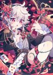  1boy belt boots card crown flower frills heart heart-shaped_pupils heart_card holding holding_staff hyou_(pixiv3677917) male_focus original plant queen_of_hearts_(alice_in_wonderland) red_eyes red_flower red_rose rose staff symbol-shaped_pupils thighhighs vines white_hair white_thighhighs 