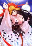  1girl bead_necklace beads black_hair body_markings breasts fate/grand_order fate_(series) headdress highres himiko_(fate) himiko_(third_ascension)_(fate) jewelry large_breasts long_hair mi_(user_cfhn8773) mirror necklace smile very_long_hair wide_sleeves yellow_eyes 