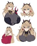  1girl absurdres barghest_(fate) blonde_hair blush breasts earrings fate/grand_order fate_(series) heart heterochromia highres horns huge_breasts imuzi jewelry long_hair looking_at_viewer multicolored_eyes muscular muscular_female red_sweater sketch smile sweater white_background 