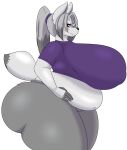  2022 5_fingers anthro arctic_fox big_breasts black_sclera bottomwear breasts canid canine chubby_anthro chubby_female clothed clothing dewwydarts female fingerless_(marking) fingers fox fur grey_bottomwear grey_clothing grey_hair grey_pants hair hi_res huge_breasts huge_thighs mammal mary_(dewwydarts) nipple_outline pants purple_clothing purple_eyes purple_shirt purple_topwear shirt side_view simple_background solo standing thick_thighs topwear white_background white_body white_fur 