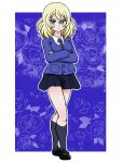  1girl bc_freedom_school_uniform black_dress black_footwear black_socks blonde_hair blue_background blue_cardigan blue_eyes blue_necktie cardigan closed_mouth crossed_arms dress dress_shirt floral_background frown full_body girls_und_panzer loafers long_sleeves looking_at_viewer mary_janes medium_hair messy_hair necktie oshida_(girls_und_panzer) outline pinafore_dress school_uniform shirt shoes short_dress sleeveless sleeveless_dress socks solo standing takahashi_kurage textless_version white_outline white_shirt wing_collar 
