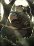  2023 anthro arrow_(weapon) bear belly big_belly bow_(weapon) clothed clothing detailed_background hi_res inigo_(kusosensei) kemono kusosensei male mammal outside overweight overweight_male plant ranged_weapon solo tree weapon 