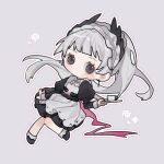  1girl 2236830622 alternate_costume apron arknights black_dress black_footwear chibi closed_mouth cup dress enmaided frilled_apron frilled_hairband frills grey_background grey_eyes grey_hair grey_hairband grey_socks hairband highres holding holding_tray irene_(arknights) juliet_sleeves long_hair long_sleeves maid maid_apron outline pleated_dress procreate_(medium) puffy_sleeves shoes simple_background socks solo tray very_long_hair white_apron white_outline 