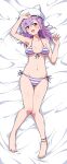  1girl :d absurdres animal_hat arm_up armpits bare_arms bare_legs bare_shoulders barefoot bed_sheet bikini blush breasts cat_hat collarbone commentary commission dakimakura_(medium) eggman_(pixiv28975023) fang feet fingernails from_above front-tie_bikini_top front-tie_top full_body groin hair_ornament hairclip hat highres knees_together_feet_apart looking_at_viewer lying medium_breasts medium_hair navel on_back original purple_hair red_eyes side-tie_bikini_bottom skeb_commission skin_fang smile solo stomach striped striped_bikini swimsuit toenails toes white_headwear 