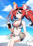  1girl absurdres animal_ears belt bikini blue_eyes breasts cleavage cup drinking_glass drinking_straw eyewear_on_head feet_out_of_frame hakos_baelz highres hololive hololive_english hololive_summer_2023_swimsuit iced_coffee legs medium_breasts mouse_ears mouse_tail mr._squeaks_(hakos_baelz) multicolored_hair navel red_hair short_shorts shorts sitting smile snowmya streaked_hair striped striped_bikini sunglasses swimsuit tail twintails virtual_youtuber 
