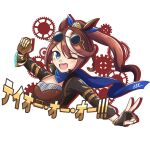  1girl ;d absurdres animal_ears artist_name black_gloves black_jacket blue_eyes blue_ribbon blue_scarf brown_hair brown_shirt clenched_hand cropped_torso curemeteor eyewear_on_head fingerless_gloves gear_hair_ornament gears gloves hair_ribbon highres horse_ears horse_girl jacket long_hair long_sleeves looking_at_viewer mechanical_hands multicolored_hair official_alternate_costume one_eye_closed open_mouth ponytail ribbon scarf shadow shirt signature single_mechanical_hand smile solo steampunk streaked_hair swept_bangs tokai_teio_(teio-oh-oh!!!)_(umamusume) tokai_teio_(umamusume) umamusume upper_body v white_background white_hair wings_of_iron:_hazy_tales_(umamusume) 