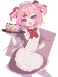  1girl :d alternate_costume anzen_robo_(474zz) apron artist_name black_dress blush bow bowtie brown_background collared_dress commentary_request contrapposto cowboy_shot cupcake doki_doki_literature_club dress enmaided eyelashes fang food frilled_apron frilled_dress frills hair_intakes hair_ornament hair_ribbon hand_on_own_hip highres holding holding_tray looking_at_viewer maid maid_apron maid_headdress natsuki_(doki_doki_literature_club) open_mouth pink_eyes pink_hair puffy_short_sleeves puffy_sleeves red_bow red_bowtie red_ribbon ribbon short_hair short_sleeves sidelocks simple_background skin_fang smile solo standing swept_bangs thighhighs tray twitter_username two-tone_background two_side_up white_apron white_background white_thighhighs wing_collar x_hair_ornament zettai_ryouiki 