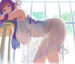  1girl absurdres bent_over blunt_bangs breasts covered_navel dress english_commentary facing_to_the_side fern_(sousou_no_frieren) from_side hanging_breasts hews highres indoors large_breasts long_hair looking_at_viewer navel purple_eyes purple_hair see-through see-through_dress sleeveless sleeveless_dress solo sousou_no_frieren standing 