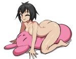  1girl ass barefoot black_hair breasts completely_nude markman_ez marvel nude one_eye_closed peni_parker short_hair simple_background smile solo spider-man:_into_the_spider-verse spider-man_(series) white_background 