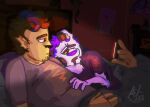  anthro bed bodily_fluids cuddling dark_room drooling duo furniture gabe_(whirwanz) human ket_(whirwanz) looking_at_object looking_at_phone lying lying_on_bed male male/male mammal on_bed phone saliva whirwanz 