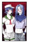  2boys anchor_print black_eyes blue_hair blue_hood blush border closed_mouth colored_skin commentary_request cookie_(touhou) cowboy_shot crop_top expressionless fingernails flour_(cookie) gedougawa genderswap genderswap_(ftm) gradient_background green_sailor_collar grey_shirt grey_shorts half-closed_eyes hand_in_pocket hand_on_another&#039;s_hip hat highres hood hood_up kumoi_ichirin looking_at_viewer male_focus medium_bangs midriff milk_(cookie) multiple_boys murasa_minamitsu navel neckerchief open_mouth outline parted_bangs print_headwear red_background red_neckerchief sailor_collar sailor_hat shirt short_hair shorts sleeveless sleeveless_shirt smile touhou white_border white_headwear white_outline white_shirt white_shorts white_skin 