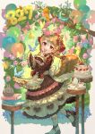  1girl absurdres animal_ears apron balloon bird blonde_hair blush book bow brown_dress cake candle commentary_request cup dress flower_wreath food food_print frilled_apron frilled_dress frilled_sleeves frills full_body highres idolmaster idolmaster_cinderella_girls long_hair long_sleeves looking_at_viewer morikubo_nono official_alternate_costume pennant rabbit_ears red_bow red_eyes smile solo squirrel standing standing_on_one_leg strawberry_print string_of_flags tail teacup teapot white_apron yukinuno 