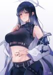  1girl belt black_belt black_pants blue_archive blue_eyes blue_hair blue_nails blush breasts closed_mouth crop_top halo highres jacket large_breasts long_hair midriff navel off_shoulder pants saori_(blue_archive) sea_nami solo stomach very_long_hair white_jacket 