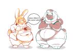  anthro belly big_belly blush buckteeth clothed clothing dialogue duo english_text fur hands_on_hips hat headgear headwear index_to_index lagomorph leporid male mammal marx50 moobs navel obese obese_anthro obese_male open_mouth open_smile overweight overweight_anthro overweight_male rabbit smile speech_bubble standing suspenders teeth text thick_thighs wide_hips 