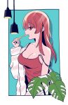  1girl alternate_costume bathrobe blunt_bangs border breasts brushing_teeth cleavage collarbone hand_up highres holding hololive houshou_marine large_breasts long_hair looking_to_the_side off_shoulder open_mouth plant red_eyes red_hair red_tank_top robe shadow sidelocks soh_himitsuki standing strap_slip tank_top teeth upper_body upper_teeth_only virtual_youtuber white_border white_robe 