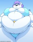  anthro bear belly belly_focus big_belly bikini blue_bikini blue_clothing blue_swimwear blush breasts clothing ear_piercing embarrassed eyeshadow female frown fur hair hand_on_hip hands_on_hips huge_belly makeup mammal messy_hair mostly_nude navel navel_piercing nekocrispy obese obese_anthro obese_female overweight overweight_anthro overweight_female piercing polar_bear purple_hair signature simple_background snow_(nekocrispy) solo swimwear text url ursine white_body white_fur 