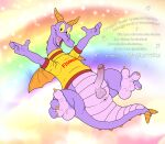 2023 absurd_res alternate_version_at_source anthro anus balls bottomless clothed clothing digital_media_(artwork) disney disney_parks dracovar_valeford dragon epcot figment flying foreskin genitals happy hi_res horn humanoid_genitalia journey_into_imagination looking_at_viewer lyrics male outside partially_clothed paws penis purple_body rainbow raised_arms retracted_foreskin rhyme shirt smile solo spread_legs spreading text toony topwear walt_disney_world wings yellow_sclera 
