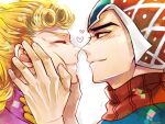  2boys argyle argyle_sweater black_eyes blonde_hair braid cheek_squash close-up face-to-face giorno_giovanna guido_mista hat highres jojo_no_kimyou_na_bouken male_focus mikan03260 multiple_boys noses_touching smile sweater turtleneck vento_aureo 