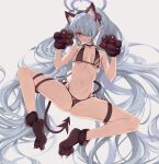  1girl absurdres animal_ears animal_hands bare_shoulders bikini black_bikini black_choker black_gloves blue_archive blush breasts cat_ears choker collarbone dark-skinned_female dark_skin demon_tail fake_animal_ears gloves hair_over_one_eye hair_ribbon highres iori_(blue_archive) iori_(swimsuit)_(blue_archive) long_hair looking_at_viewer navel official_alternate_costume paw_gloves paw_shoes pointy_ears red_eyes ribbon santa_(sunflower) small_breasts solo spread_legs swimsuit tail twintails 