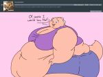  2018 4:3 anthro ask_blog batspid2 belly big_belly big_breasts bottomwear breasts clothing crop_top cutoffs denim denim_clothing dialogue digital_drawing_(artwork) digital_media_(artwork) english_text exclamation_point eyebrows eyelashes female flabby_arms flat_colors frill_(anatomy) happy head_crest head_frill holding_belly juna_(batspid2) lizard membrane_(anatomy) membranous_frill morbidly_obese morbidly_obese_anthro morbidly_obese_female navel obese obese_anthro obese_female overweight overweight_anthro overweight_female pink_background pink_body pink_skin purple_eyes reptile scalie shirt shorts side_view simple_background smile solo tail text topwear 