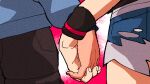  1boy 1girl blue_jacket commentary_request denim denim_shorts exposed_pocket from_behind hakoya hand_focus hetero hilbert_(pokemon) hilda_(pokemon) holding_hands interlocked_fingers jacket pokemon pokemon_(game) pokemon_bw red_background shorts wristband 