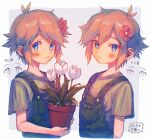  1boy basil_(omori) blonde_hair blue_overalls blush closed_mouth flower green_shirt hair_flower hair_ornament highres holding_flower_pot hyaku_(momongamomomo) looking_at_viewer omori overalls plant potted_plant shirt short_hair short_sleeves smile translation_request upper_body 