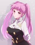  1girl :o arms_behind_back ascot belt belt_buckle blush breasts brown_belt buckle buttons commentary_request fire_emblem fire_emblem:_three_houses garreg_mach_monastery_uniform grey_background highres hilda_valentine_goneril long_hair looking_at_viewer medium_breasts pink_eyes pink_hair shadow simple_background sleeves_rolled_up solo twitter_username uniform very_long_hair white_ascot yutohiroya 