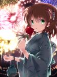  1girl :p ahoge back_bow bow braid brown_hair candy_apple closed_mouth coin commentary_request copyright_name festival fireworks floral_print flower food from_side green_eyes hair_flower hair_ornament hair_stick hand_up holed_coin japanese_clothes kanbe_kotori kanzashi kimono long_hair long_sleeves looking_at_viewer night outdoors pink_flower rewrite smile solo standing tagame_(tagamecat) tongue tongue_out twin_braids upper_body wavy_hair wide_sleeves yukata 