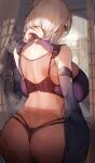  1girl absurdres alicia_renato_(yashiro_sousaku) ass bare_shoulders bodysuit bra breasts commission curtains detached_sleeves from_behind highres huge_breasts indoors looking_to_the_side marse_(rokudaime) original see-through shelf short_hair sitting solo thong underwear wide_sleeves 