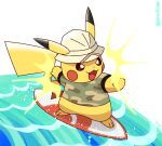  animal_focus brown_eyes camouflage camouflage_shirt clothed_pokemon dot_nose ears_through_headwear hat open_mouth outstretched_arms pikachu pirosiki025 pokemon pokemon_(creature) shirt short_sleeves solo surfboard surfing twitter_username water waves white_headwear 