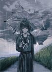  1girl black_eyes black_hair black_serafuku black_skirt closed_mouth commentary_request cowboy_shot expressionless hand_up holding holding_umbrella illl264 lightning long_hair long_sleeves looking_at_viewer low_twintails neckerchief original outdoors over_shoulder overcast pale_skin pleated_skirt rain school_uniform serafuku skirt sky solo standing storm storm_cloud tall_grass transparent transparent_umbrella twintails umbrella white_neckerchief 