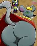  anthro big_butt black_nose buckteeth butt butt_focus cape clothed clothing crown fur golden_accessories green_eyes grey_body grey_fur headgear hi_res low-angle_view male mammal mouse mouse_king murid murine pixelated raised_clothing raised_tail rat_tail realm_of_the_mad_god_exalt rodent simple_background solo solo_focus spacebunnygoxe tail teeth 